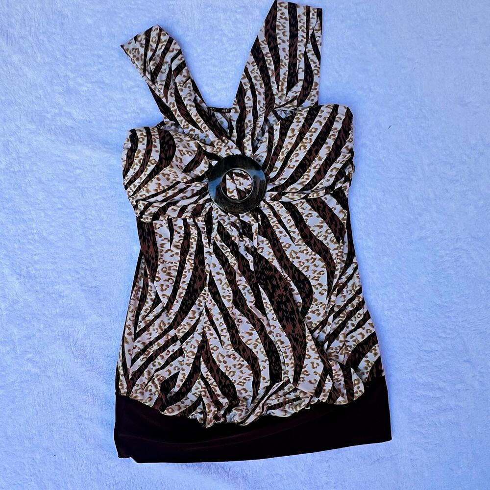 Peca’s VTG USA Animal Print Tank Top Brown Zebra Leopard Ruched Buckle Y2K Small
